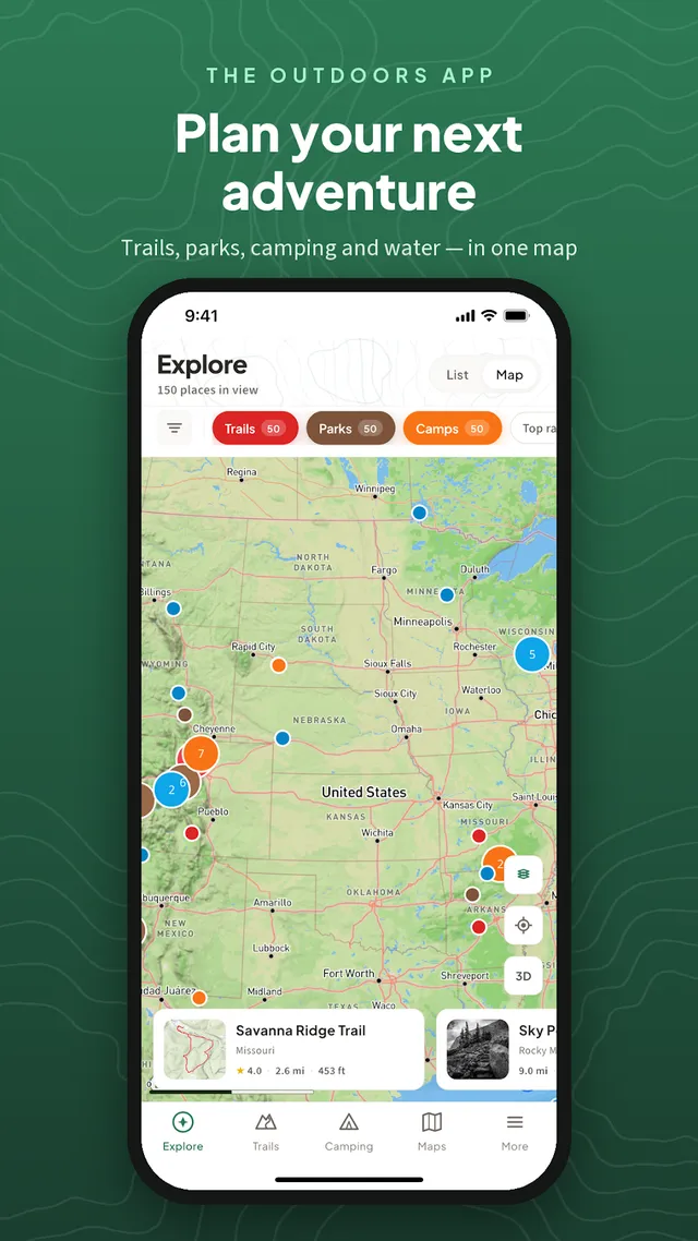 The Outdoors app map, with trails, parks and campgrounds across the US