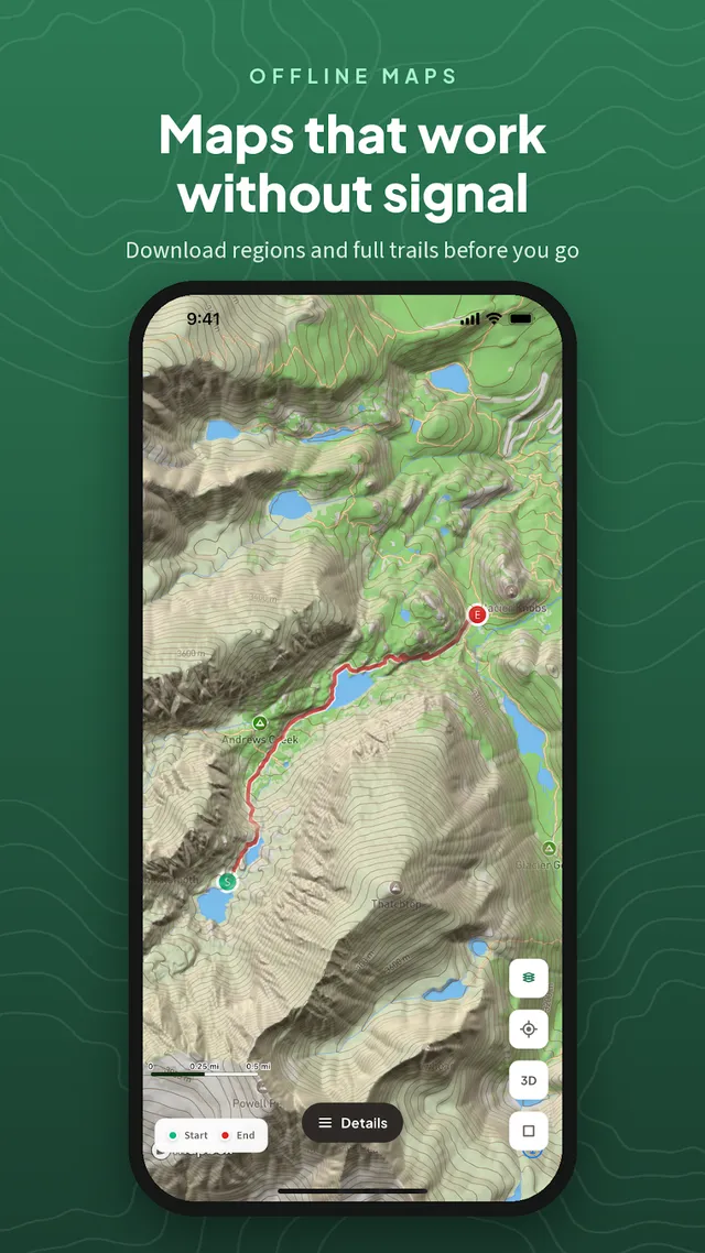 An offline topo map in the Outdoors app, downloaded before the trip