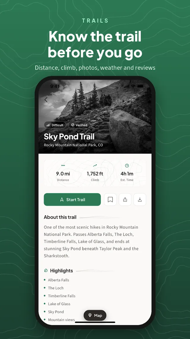 A trail page in the Outdoors app with distance, climb and photos
